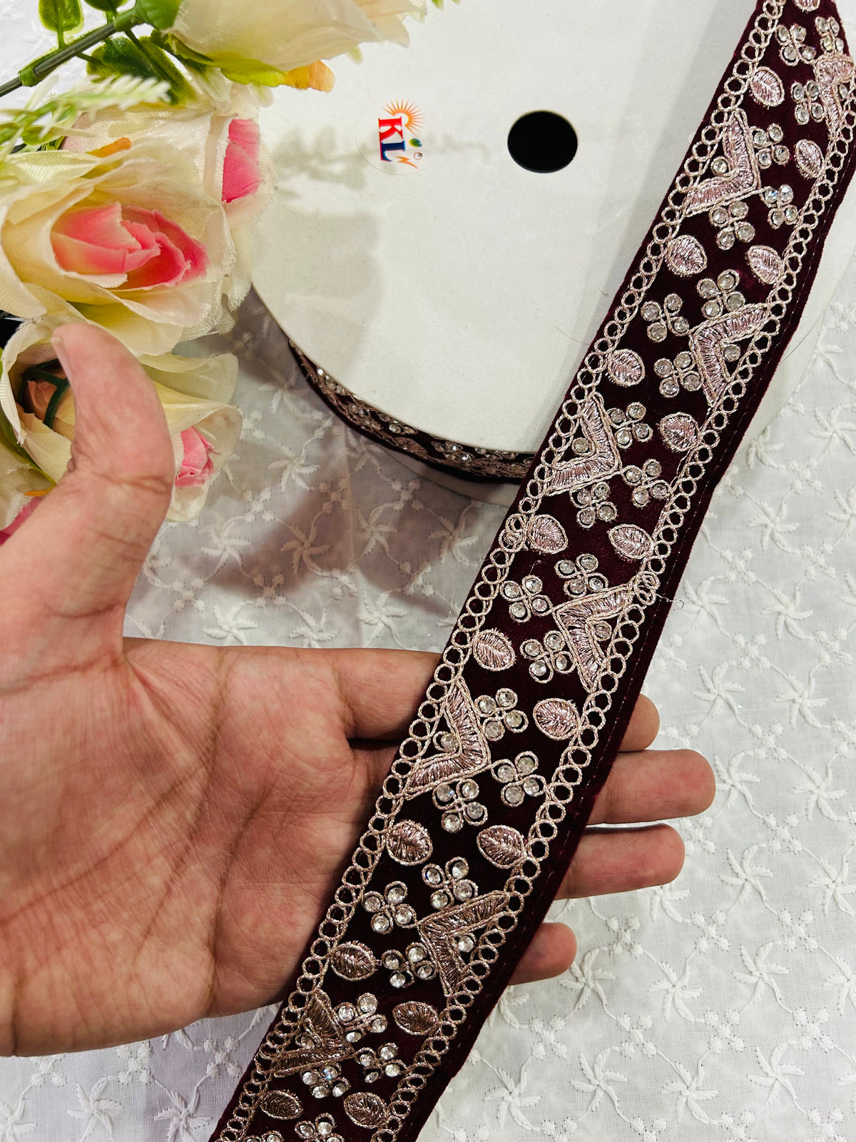 2.5 Inches Decorative Sequin Thread Embroidered  (9 Meter) | Dark Maroon