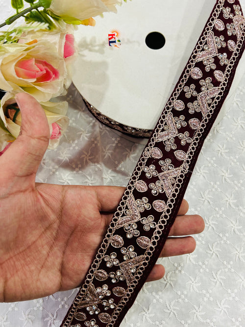 2.5 Inches Decorative Sequin Thread Embroidered  (9 Meter) | Dark Maroon